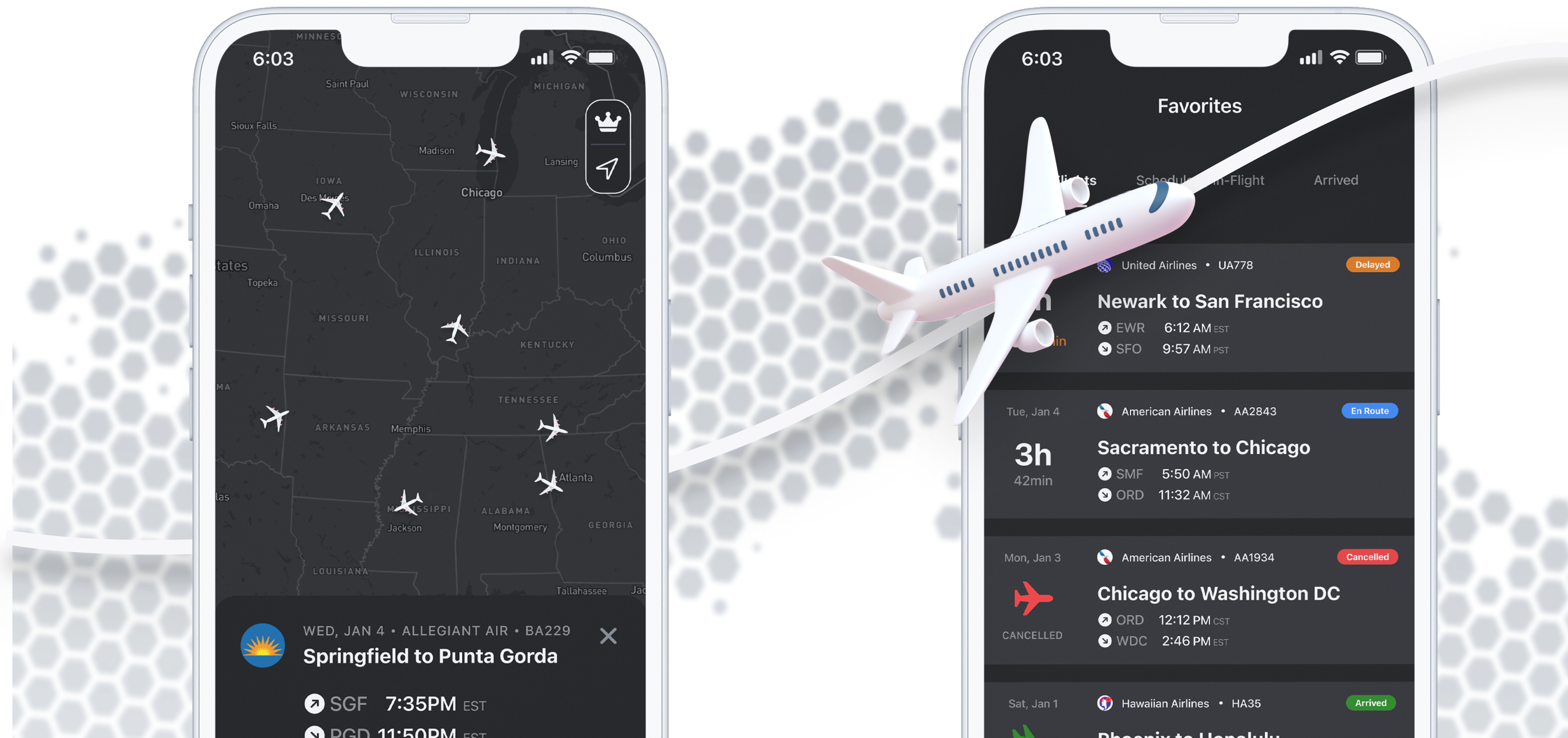 Multiple iPhones displaying various flight tracking and informational screens