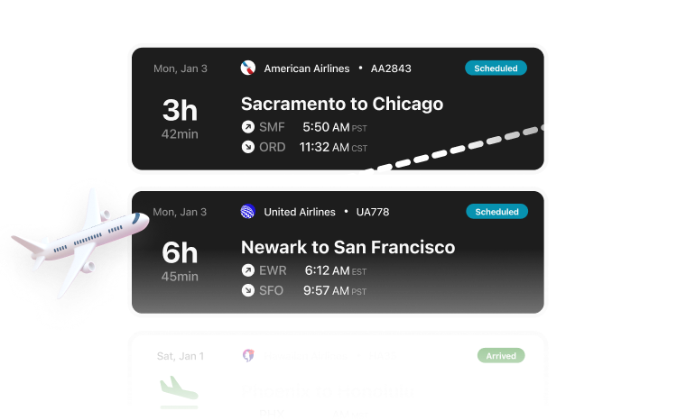 A screenshot of flight status details from the Track My Flight Now app